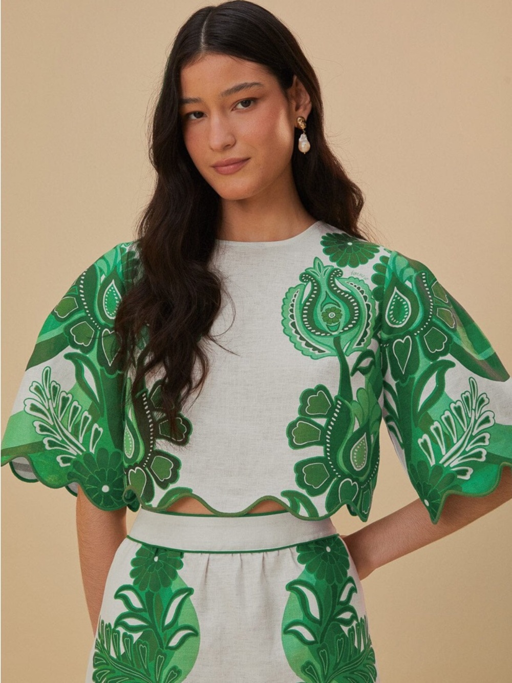 FARM Rio Green Color Festival Euroflax™ Blouse Scalloped Cropped Top Size Large